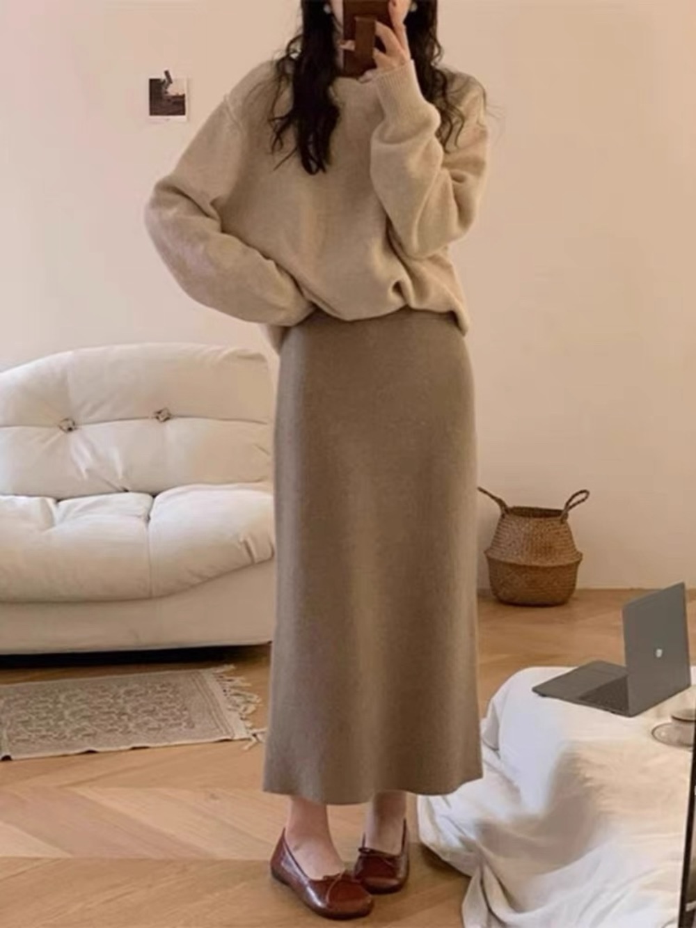 Ribbed-Waist Knit Midi Skirt in Khaki